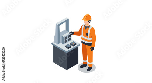 Construction worker operating machinery in isometric style