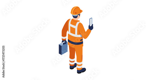Construction worker in orange safety gear holding smartphone in isometric style