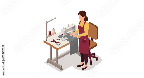 Woman sewing garment on machine in isometric style tailor workshop