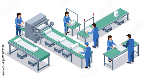 Textile manufacturing process in isometric style with workers operating machinery