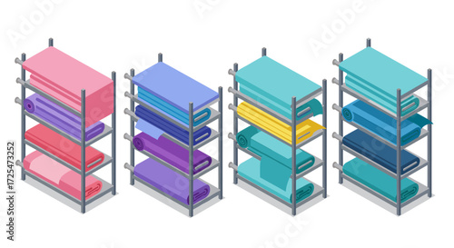 Colorful isometric towel racks with multiple tiers in modern style