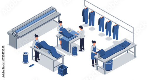 Isometric garment factory workflow with workers in modern tailoring process