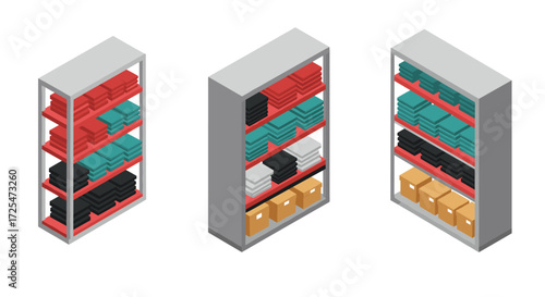 Isometric warehouse shelves with boxes and folders in organized storage setup