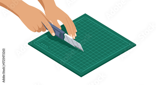 Isometric hands cutting on green mat with utility knife