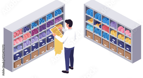 Isometric yarn store scene with shopper selecting supplies from colorful shelves