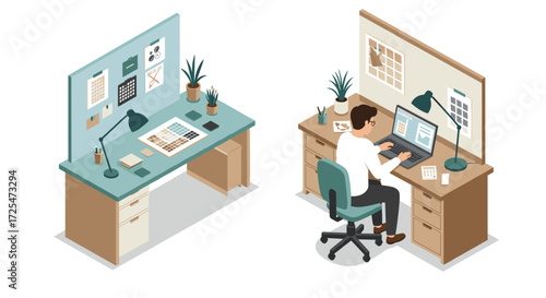 Isometric office workspace with designer at desk and organized accessories