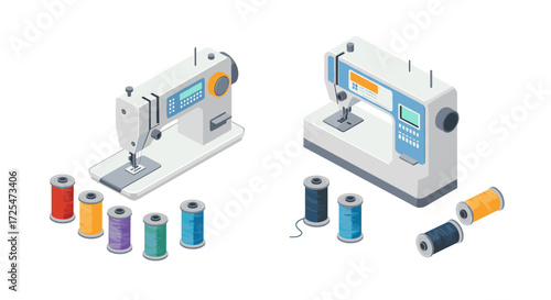 Modern sewing machines and colorful thread spools in isometric design