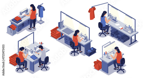 Tailoring workshop isometric set: workers sewing clothes in a modern factory workspace