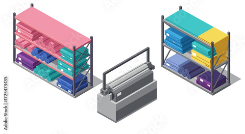 Colorful textile storage with industrial fabric cutter in isometric style
