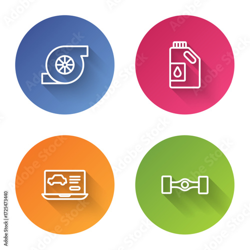 Set line Automotive turbocharger, Canister for motor oil, Diagnostics condition of car and Chassis. Color circle button. Vector