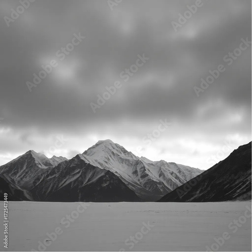 A long exposure photography depiction of Mount Everest during sunset in winter, under stormy conditions, capturing unique natural textures and atmospheric mood.