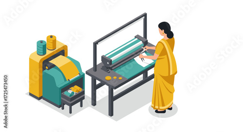 Isometric textile factory worker operating sewing machine in traditional attire