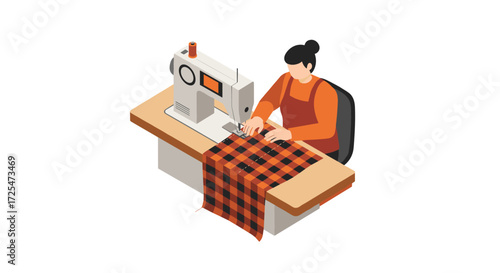 Isometric tailor working with sewing machine and fabric design