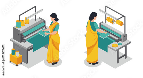 Isometric scene of women operating textile machines in traditional attire