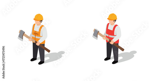 Isometric worker holding axe in safety gear