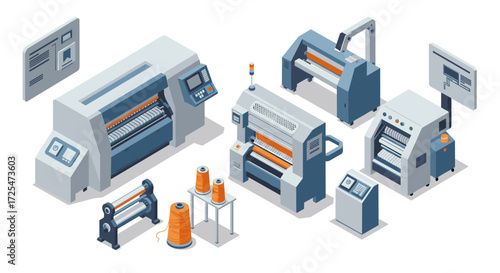 Modern industrial equipment in isometric style featuring printing machines and textile tools