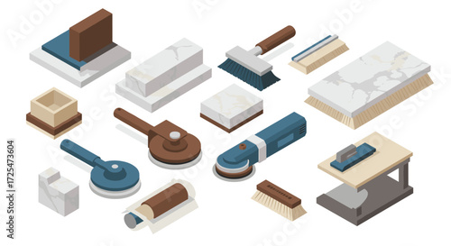 Isometric cleaning tools and equipment on marble surfaces