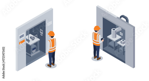 Isometric factory automation with workers operating machinery and equipment