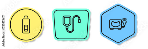 Set line Digital thermometer, IV bag and Ultrasound. Colored shapes. Vector