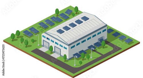 Isometric sustainable warehouse with solar panels and green landscaping