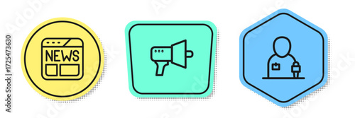 Set line News, Megaphone and Journalist news. Colored shapes. Vector