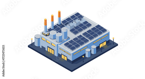 Modern isometric factory with solar panels and chimneys
