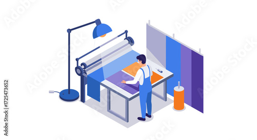 Tailor working on textile with sewing machine in modern workshop isometric design