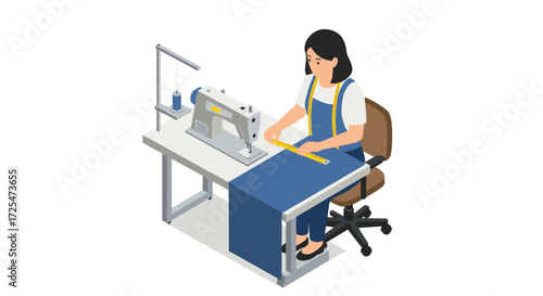 Seamstress working on sewing machine in isometric design