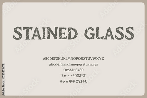 Stained Glass Mosaic Decorative Font With Colorful Textured Letters And A Shattered Effect For Creative Design Projects And Artistic Graphics.