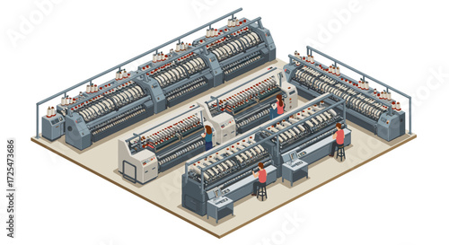 Isometric textile industry: automated sewing and yarn machines in modern factory