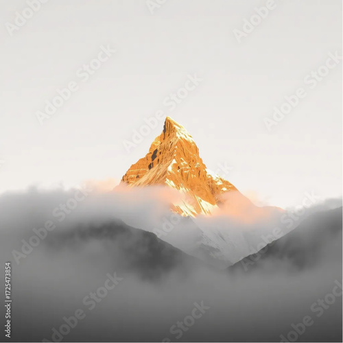A digital art depiction of Matterhorn during golden hour in autumn, under foggy conditions, capturing unique natural textures and atmospheric mood.