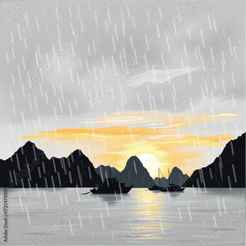 A oil painting depiction of Ha Long Bay during sunset in summer, under rainy conditions, capturing unique natural textures and atmospheric mood.