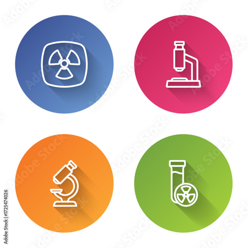 Set line Radioactive, Microscope, and Test tube with toxic liquid. Color circle button. Vector