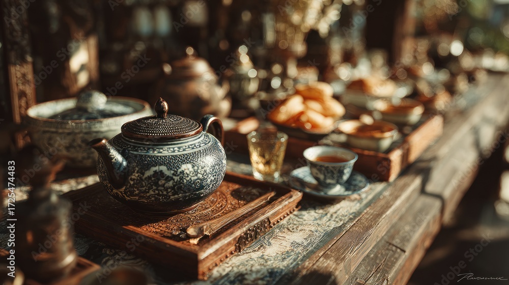 Fototapeta premium Elaborate tea setting featuring antique teaware and delicacies outdoors