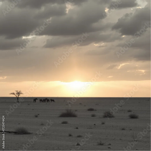 A photorealistic depiction of Etosha Pan during golden hour in spring, under stormy conditions, capturing unique natural textures and atmospheric mood.