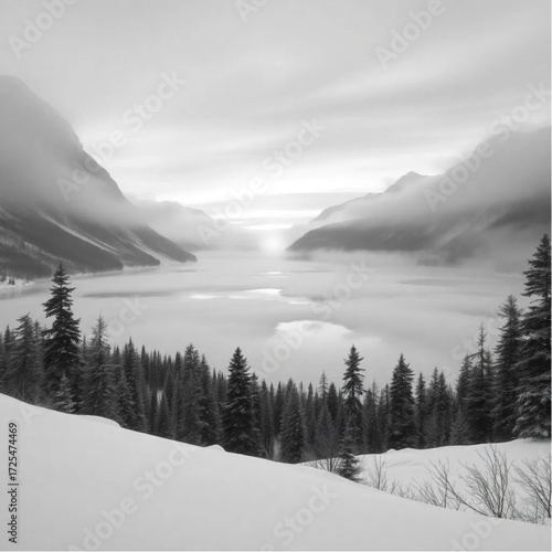 A surreal depiction of Lake Louise during sunset in winter, under misty conditions, capturing unique natural textures and atmospheric mood.