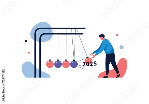 A man initiates newton's cradle with the year 2025.