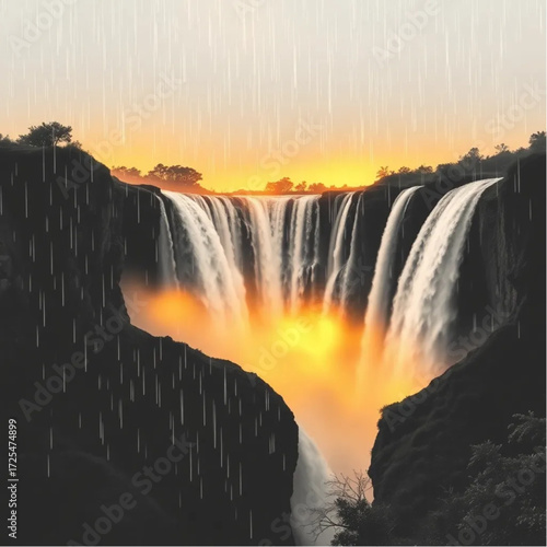 A macro lens depiction of Victoria Falls during golden hour in autumn, under rainy conditions, capturing unique natural textures and atmospheric mood.