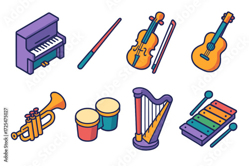 Musical instruments in vibrant isometric design on dark background
