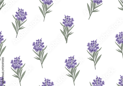 A repeating pattern of purple lavender sprigs with green leaves on a white background.