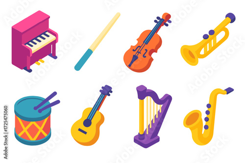 Colorful isometric musical instruments on gradient background
