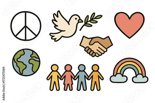 Symbols of peace and unity: dove, handshake, and more in soft pastel style