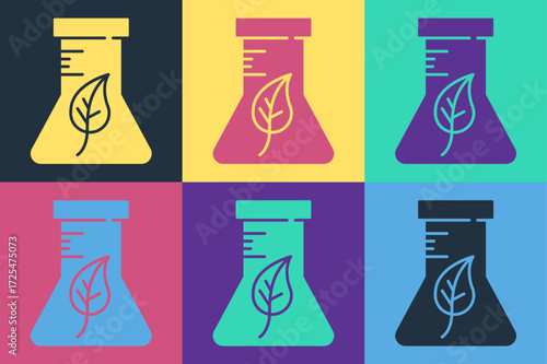 Pop art Test tube and flask chemical laboratory test icon isolated on color background. Laboratory glassware sign. Vector
