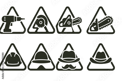 Construction and safety icons with power tools and headgear in black on yellow