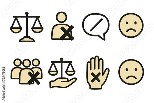 Social injustice concept icons set on distressed background