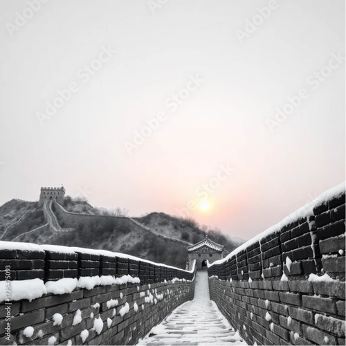 A HDR depiction of Great Wall of China during sunset in summer, under snow-covered conditions, capturing unique natural textures and atmospheric mood.