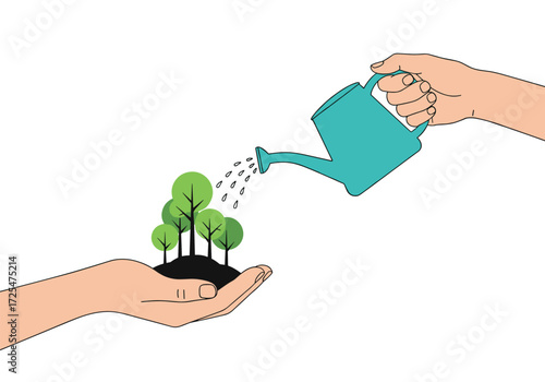 Hands nurturing a small group of young trees with water from a watering can.