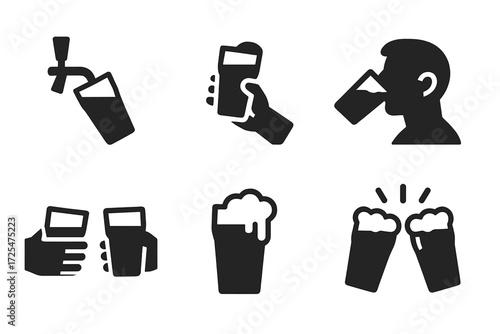 Beer drinking icons set in silhouette style for bar and brewery themes