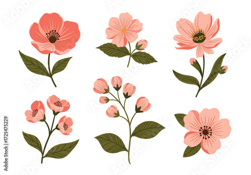 A collection of delicate pink flowers in bloom with green leaves.