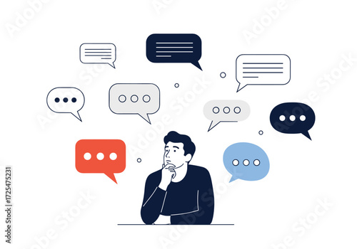 A man ponders over many conversations represented by speech bubbles.